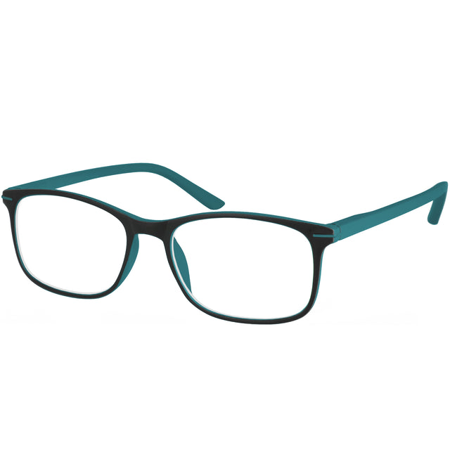 Tango Reading Glasses. Cool readers with  black frames, teal arms. Front view.