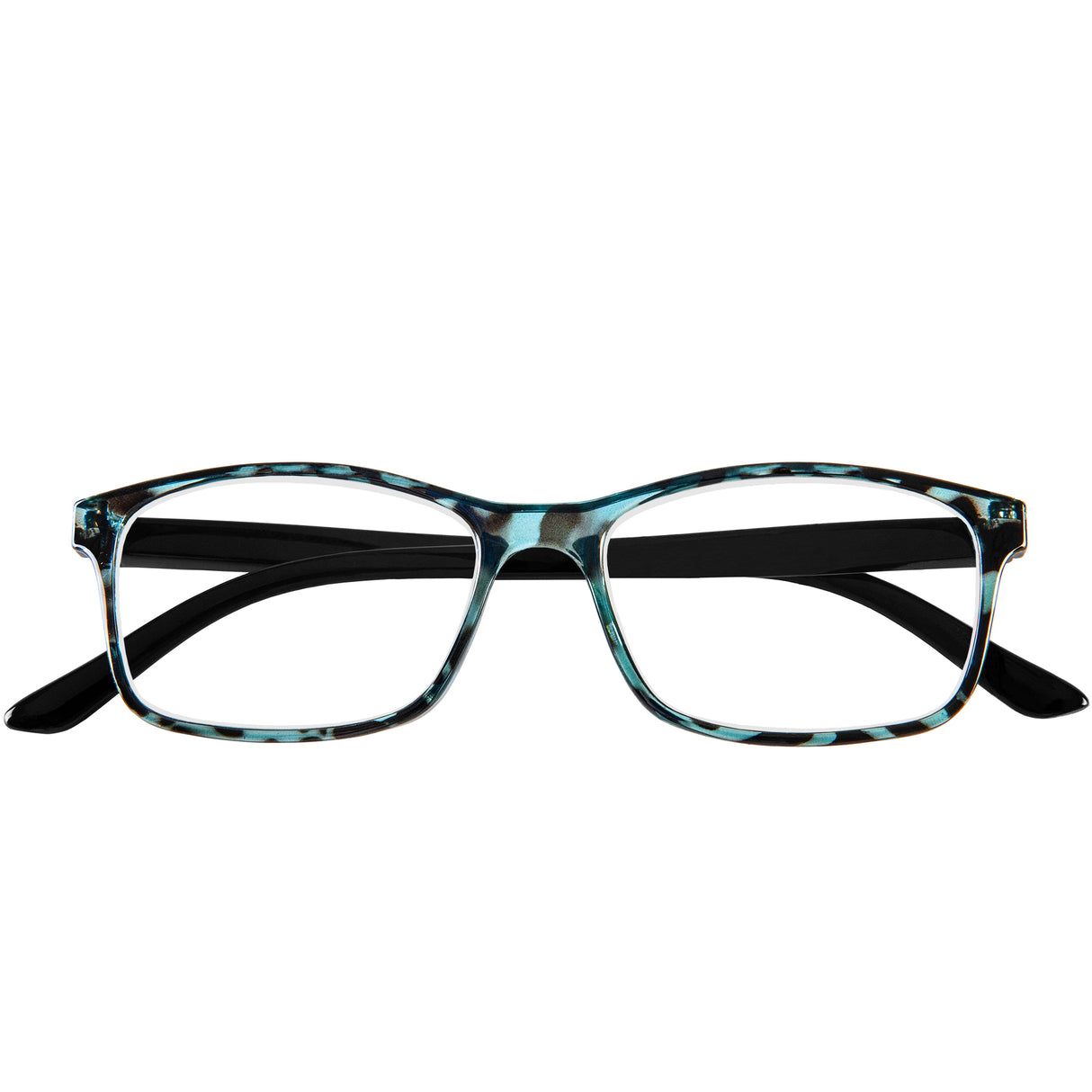 Luca reading glasses. Stylish turquoise tortoiseshell readers. Folded view.