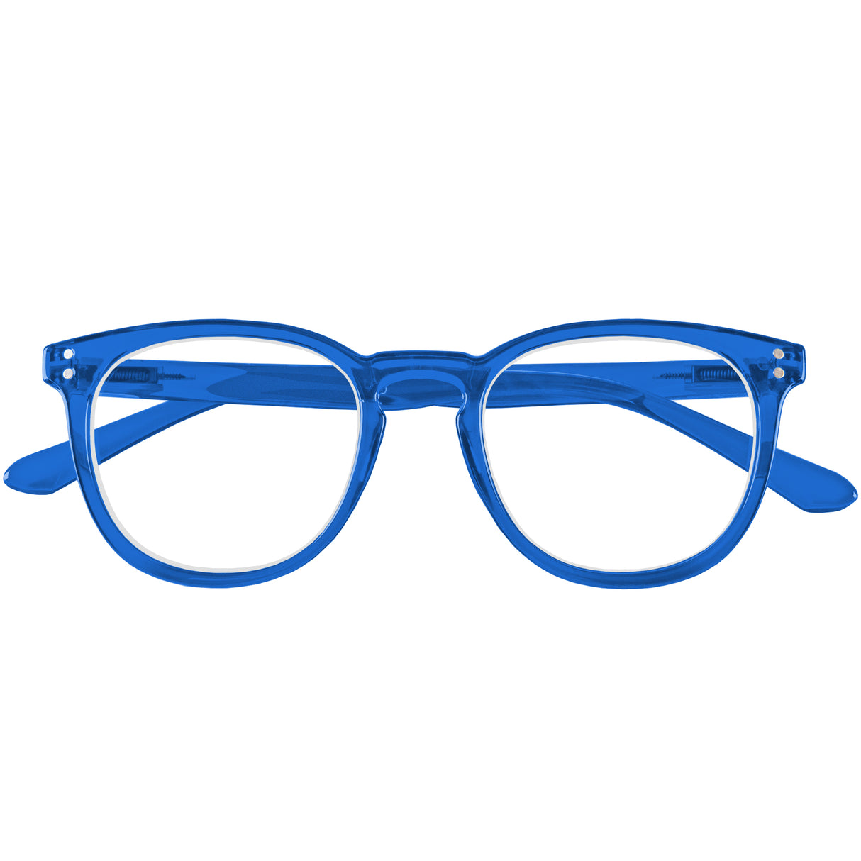 Robin reading glasses. Bright blue and super stylish specs. Folded view.
