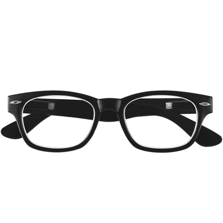Woody Reading Specs. Classic black retro style reading glasses. Folded view.