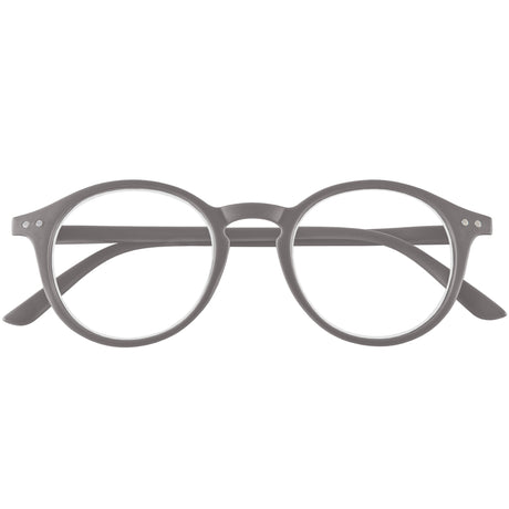 Quinn reading glasses. Cool and retro round, black reading specs. Front view.