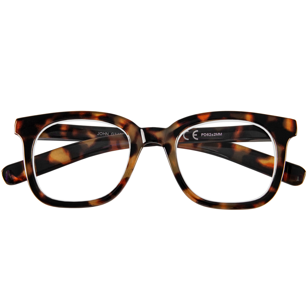 John classic, tortoiseshell reading glasses. Folded view.
