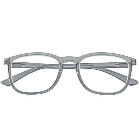 Brooklyn Reading Specs in soft grey. Classic wayfarer style reading specs. Folded.