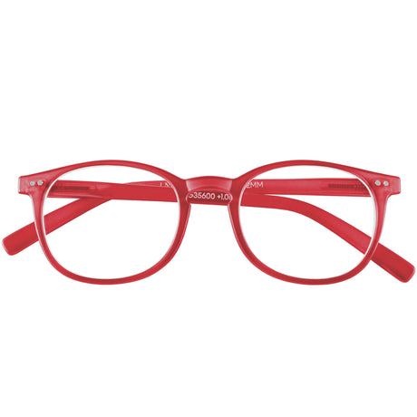 Junior reading specs. Bright red and super stylish reading glasses. Folded view.