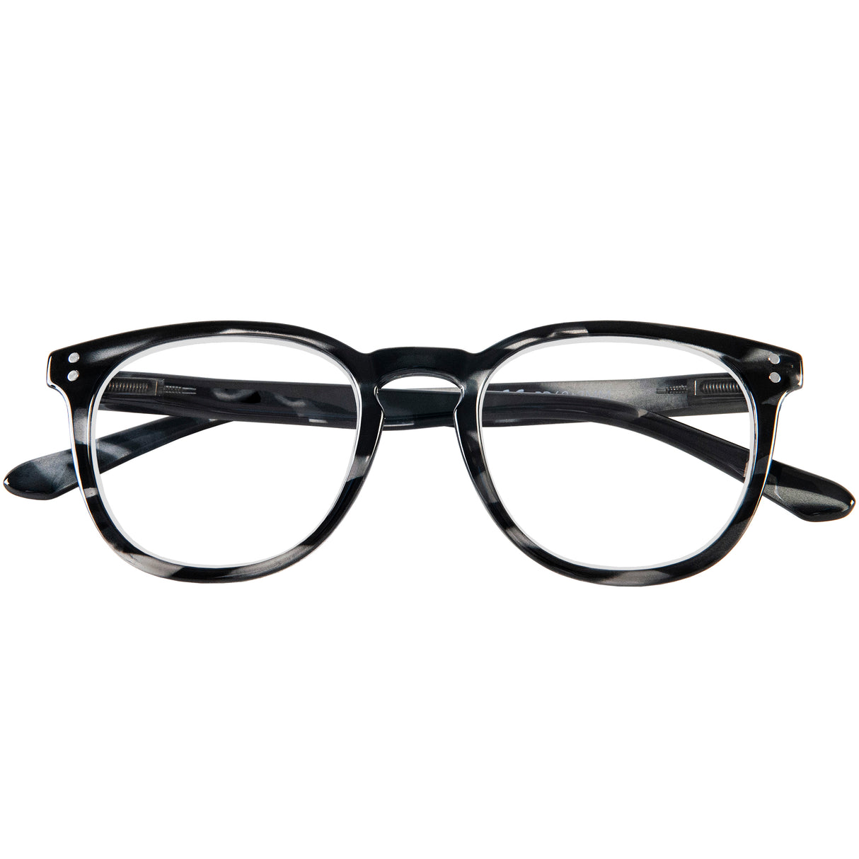 Robin reading glasses. Grey tortoiseshell and super stylish specs. Folded view.