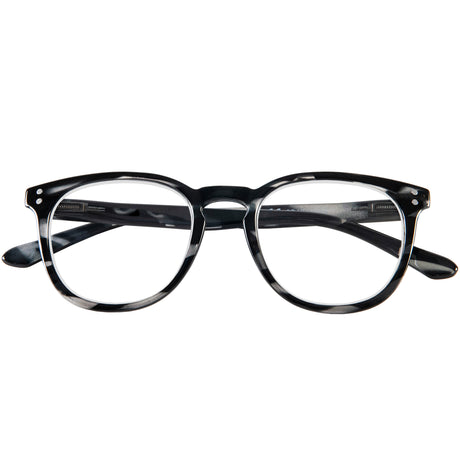 Robin reading glasses. Grey tortoiseshell and super stylish specs. Folded view.
