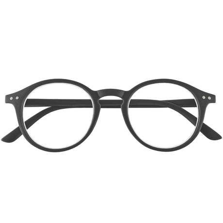 Quinn reading glasses. Cool and retro round, black reading specs. Folded view.