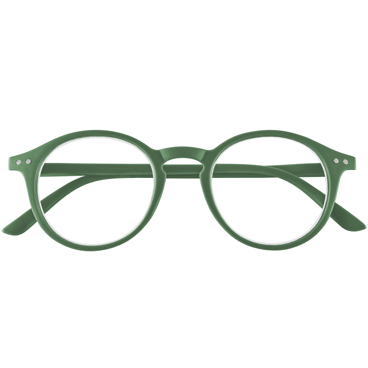 Quinn reading glasses. Cool and retro round, black reading specs. Folded view.