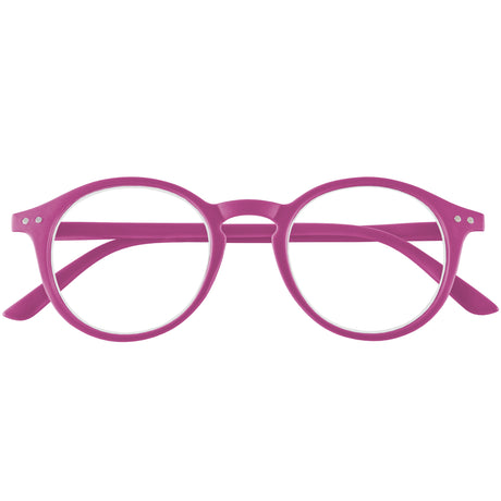 Quinn reading glasses. Cool and retro round, pink reading specs. Folded view.