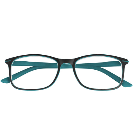 Tango Reading Glasses. Cool readers with  black frames, teal arms. Folded.