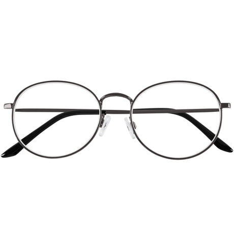 A pair of classic, round readers with a slender gunmetal frame. Folded.