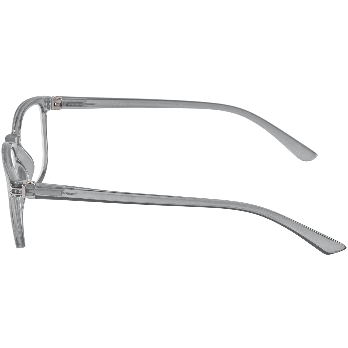 Brooklyn Reading Specs in soft grey. Classic wayfarer style reading specs. Side view.