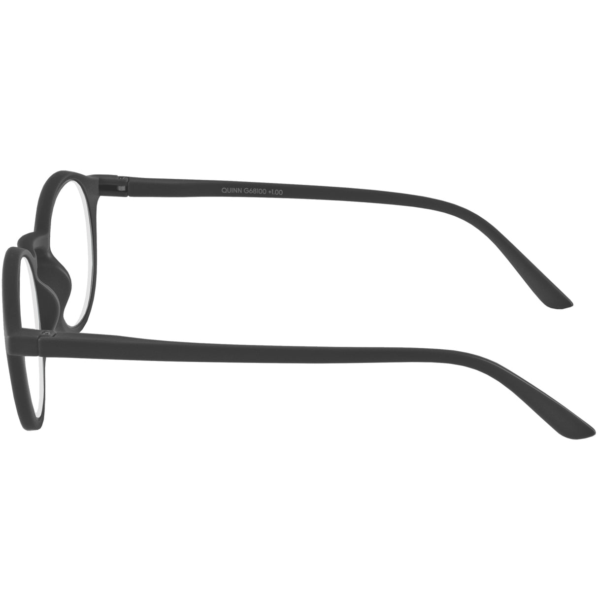 Quinn reading glasses. Cool and retro round, black reading specs. Side view.