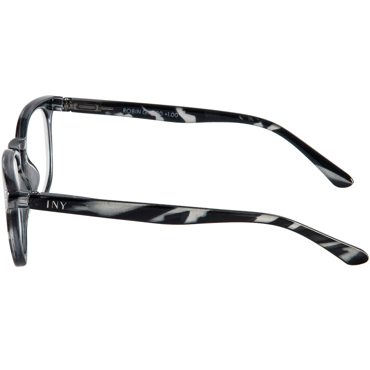 Robin reading glasses. Grey tortoiseshell and super stylish specs. Side view.