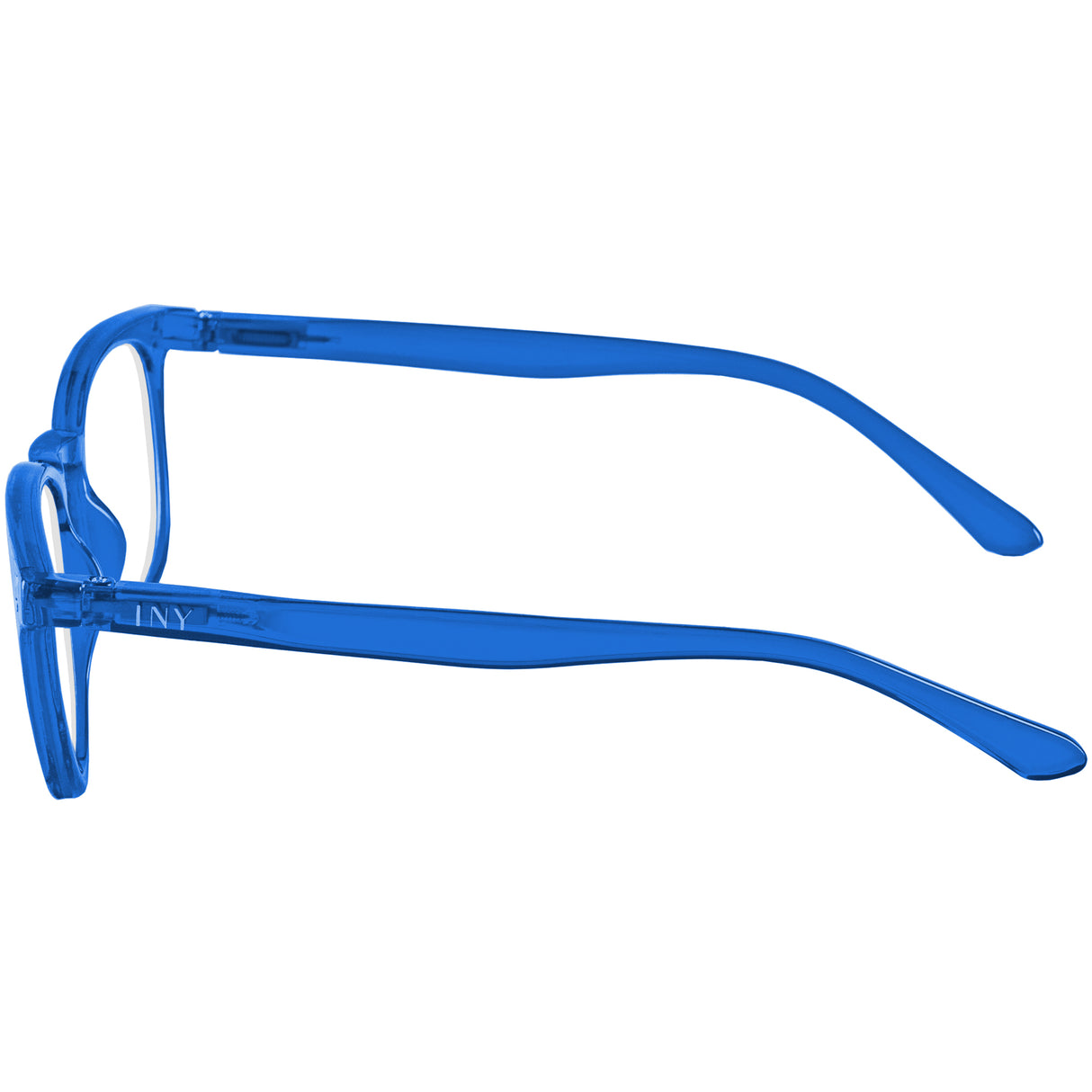Robin reading glasses. Bright blue and super stylish specs. Side view.