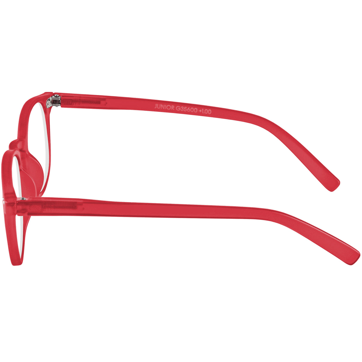 Junior reading specs. Bright red and super stylish reading glasses. Side view.