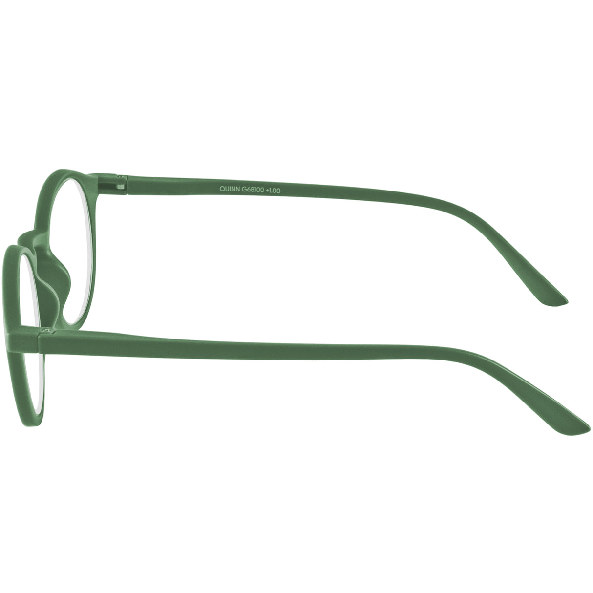 Quinn reading glasses. Cool and retro round, black reading specs. Side view.