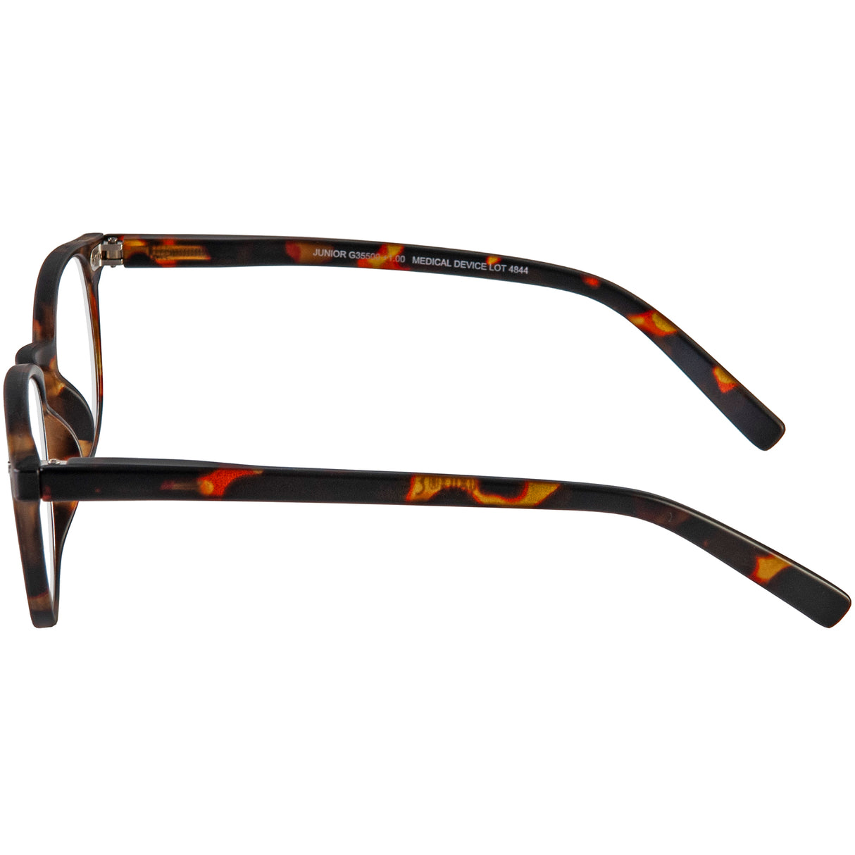 Junior reading specs. Classic tortoiseshell and super stylish reading glasses. Side view.
