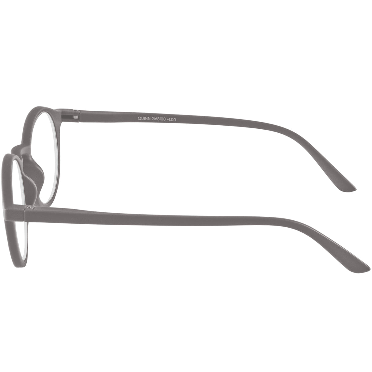 Quinn reading glasses. Cool and retro round, black reading specs. Side view.