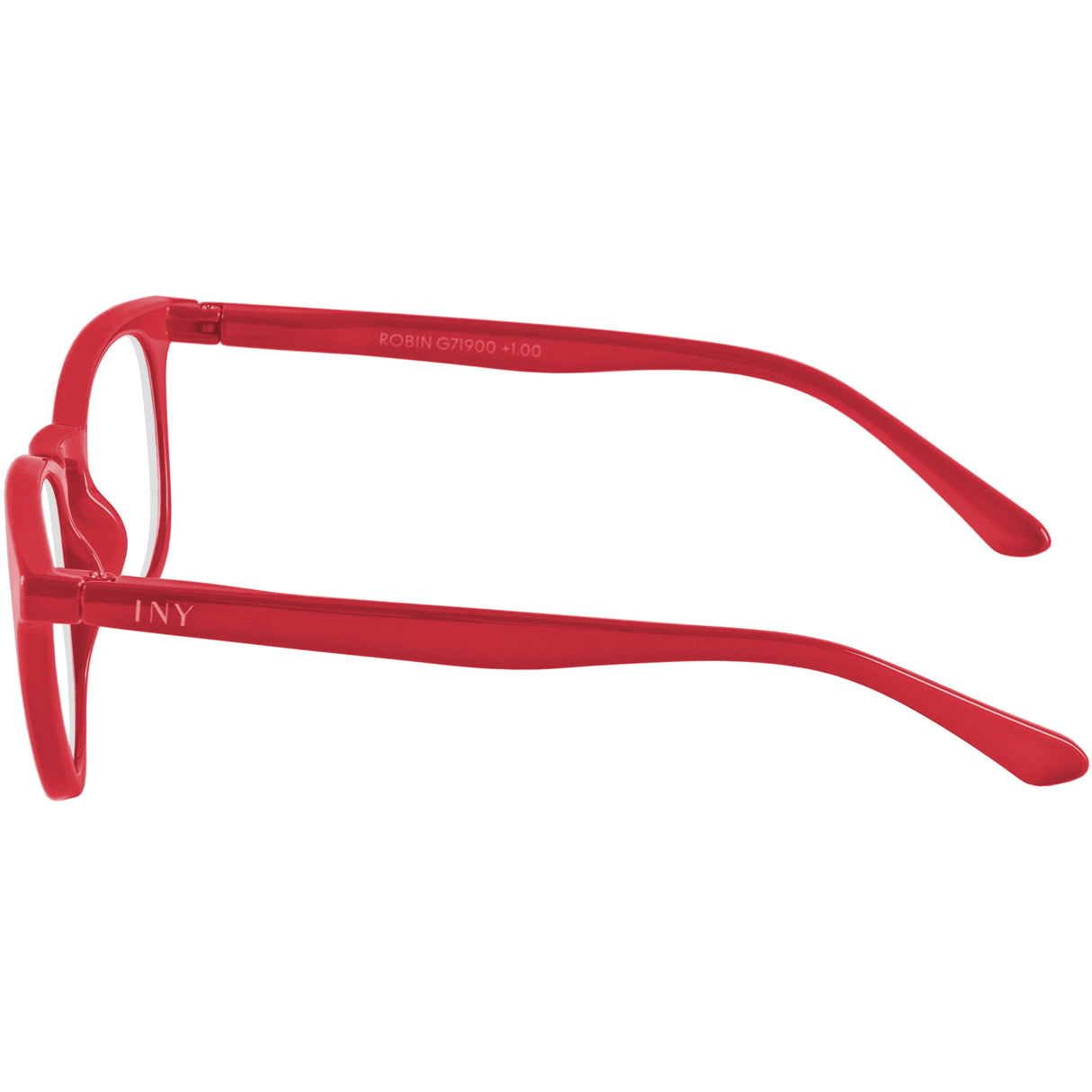 Robin reading glasses. Bright red super stylish specs. Side view.