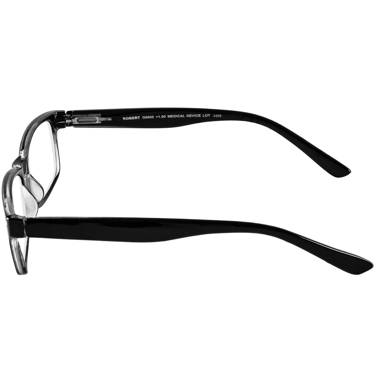 Robert reading specs. Classic and stylish black reading glasses. Side view.