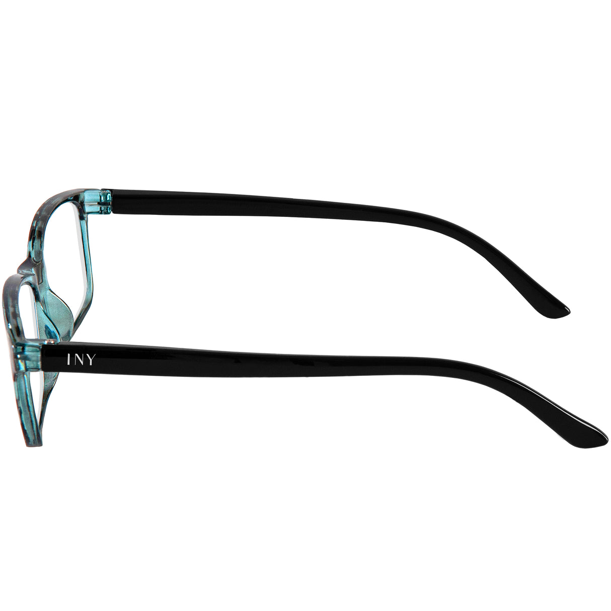 Luca reading glasses. Stylish turquoise tortoiseshell readers. Side view.