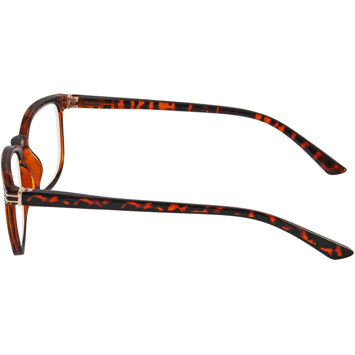 Brooklyn Reading Specs in tortoiseshell. Classic wayfarer style reading specs. Sideview.