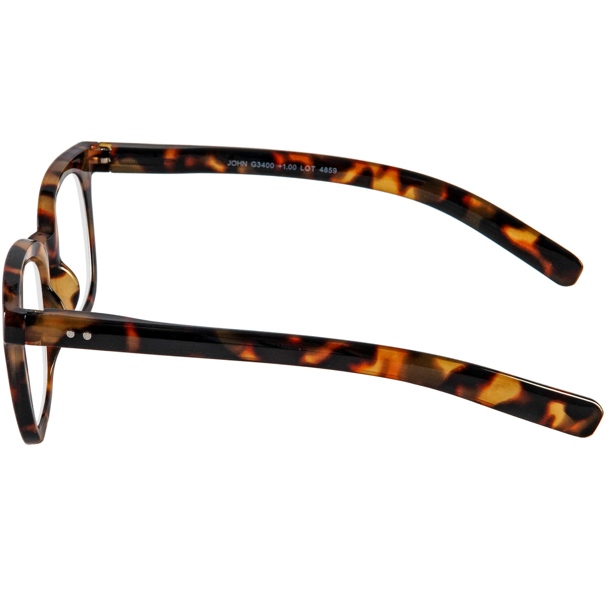 John classic, tortoiseshell reading glasses. Side view.