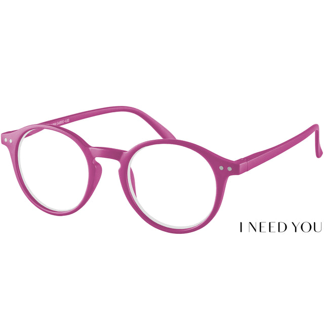 Quinn reading glasses. Cool and retro round, pink reading specs. Front view.