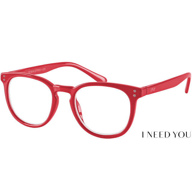Robin reading glasses. Bright red super stylish specs. Front view. 