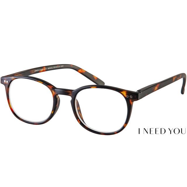 Junior reading specs. Classic tortoiseshell and super stylish reading glasses. Front view. 