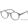 Quinn reading glasses. Cool and retro round, grey reading specs. Front view.