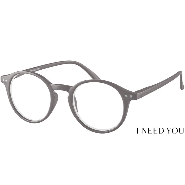 Quinn reading glasses. Cool and retro round, grey reading specs. Front view.