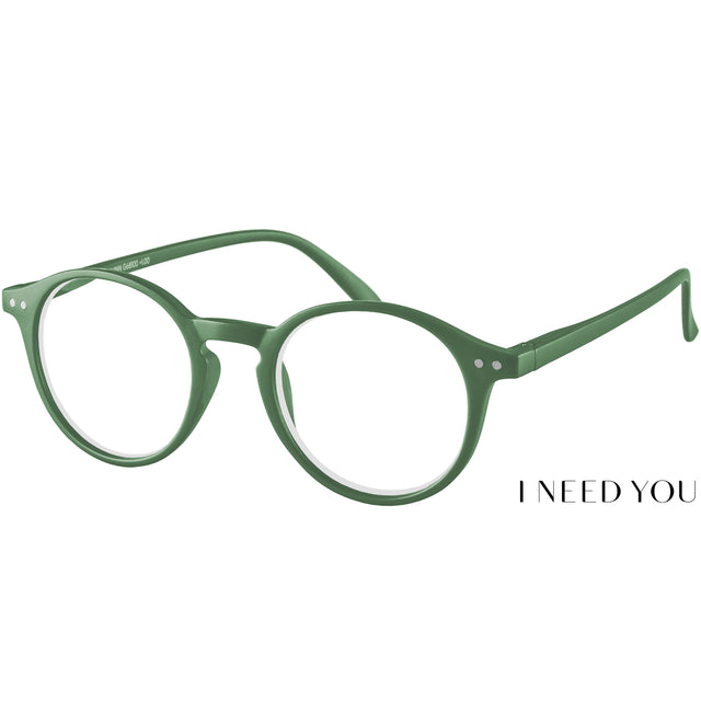 Quinn reading glasses. Cool and retro round, green reading specs. Folded view.